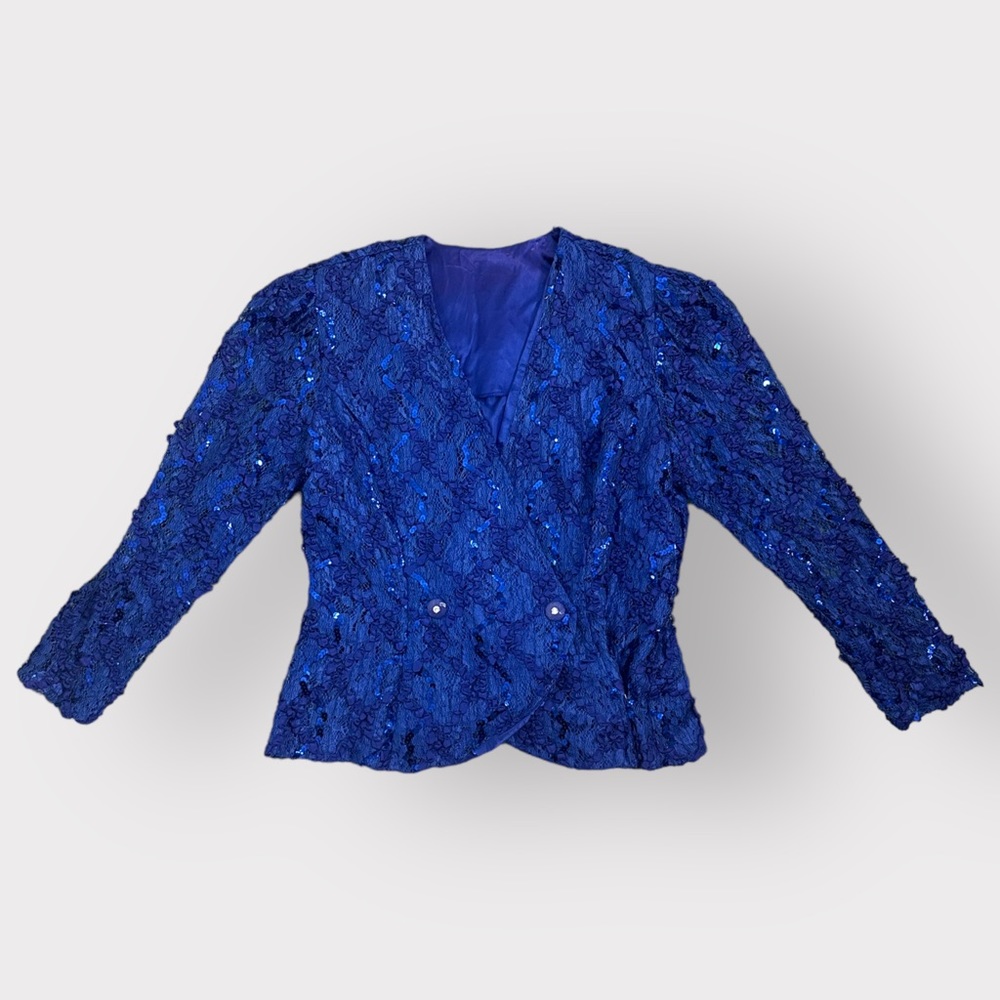 Vintage 1980s Cobalt Blue & Purple, Sequin, Ruffle, Double Breasted Blazer - Picture 6 of 8